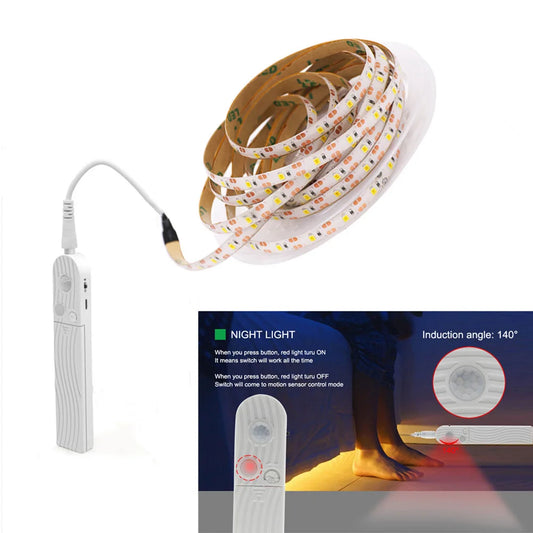 Motion-sensor LED light strip with white control module and warm lighting preview