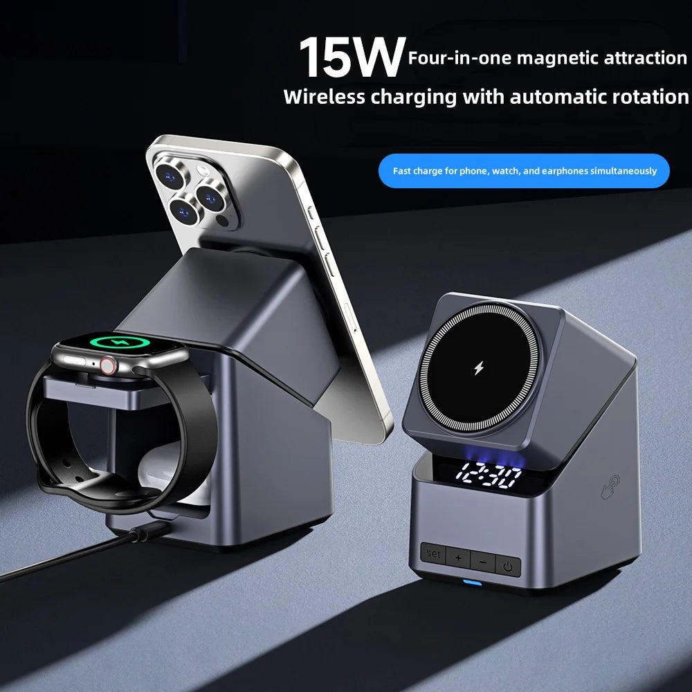 Rotating 4-in-1 Magnetic Charging Station with Clock