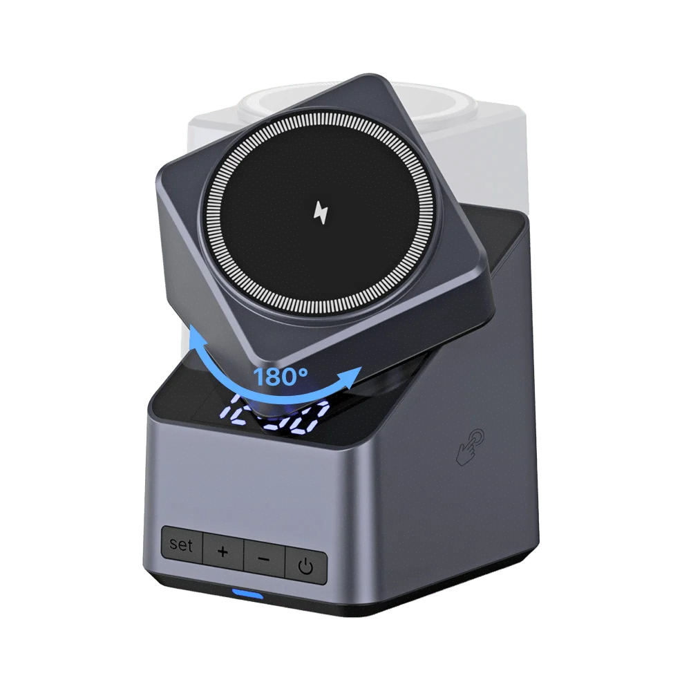Gray rotating magnetic charging station with phone pad, watch charger, earbud tray, and digital clock