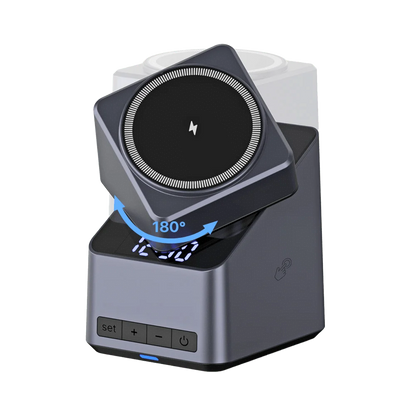Gray rotating magnetic charging station with phone pad, watch charger, earbud tray, and digital clock