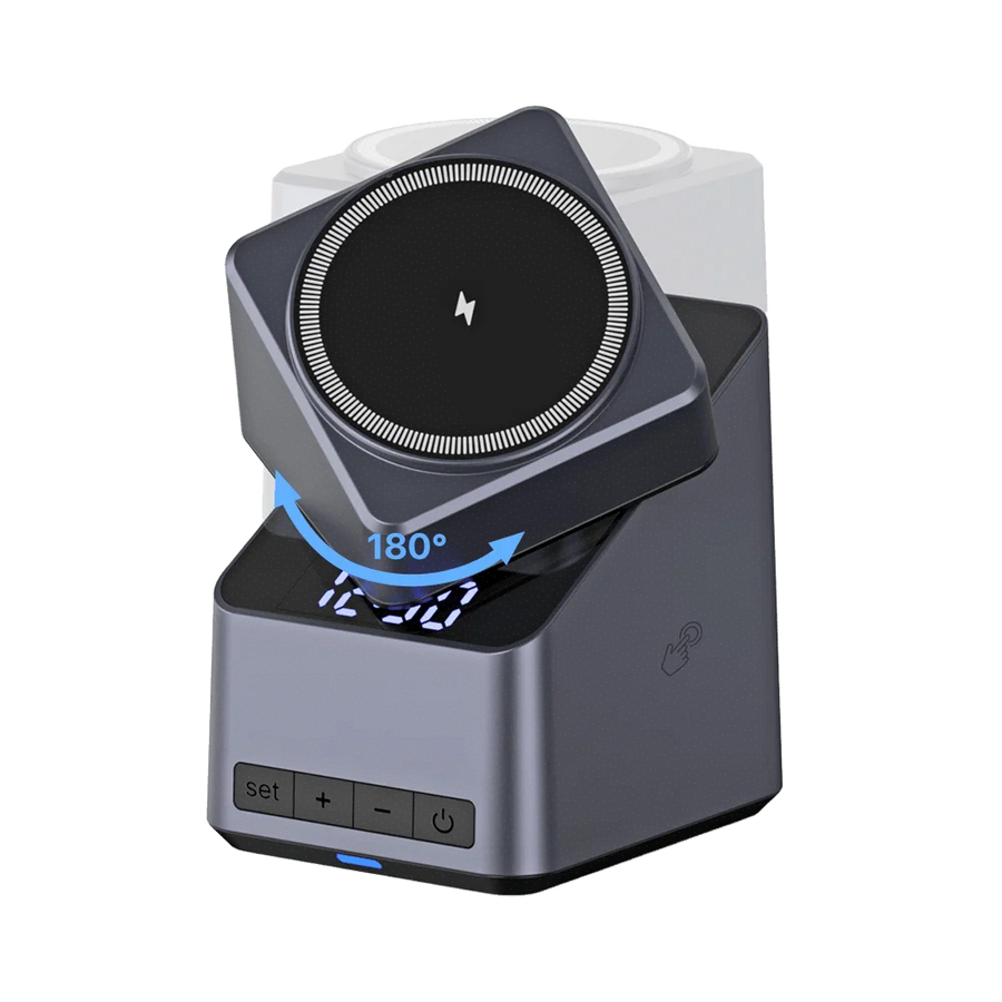 Gray rotating magnetic charging station with phone pad, watch charger, earbud tray, and digital clock