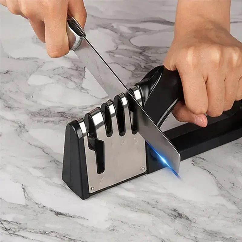 Four-stage handheld knife sharpener with a nonslip handle