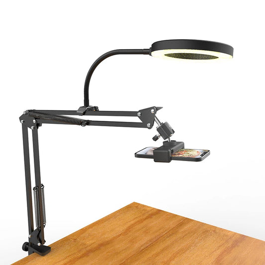 Black overhead phone tripod with clamp mount and circular ring light
