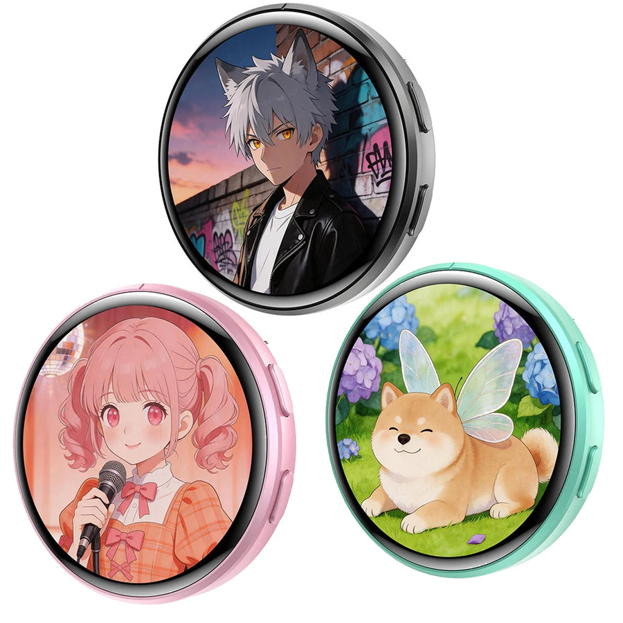 Round digital photo badge pins with colorful touchscreen displays