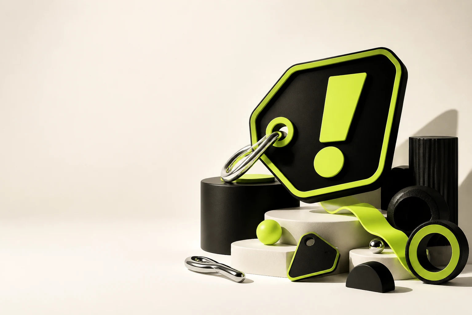 A sculptural black and electric-lime price tag representing useful finds